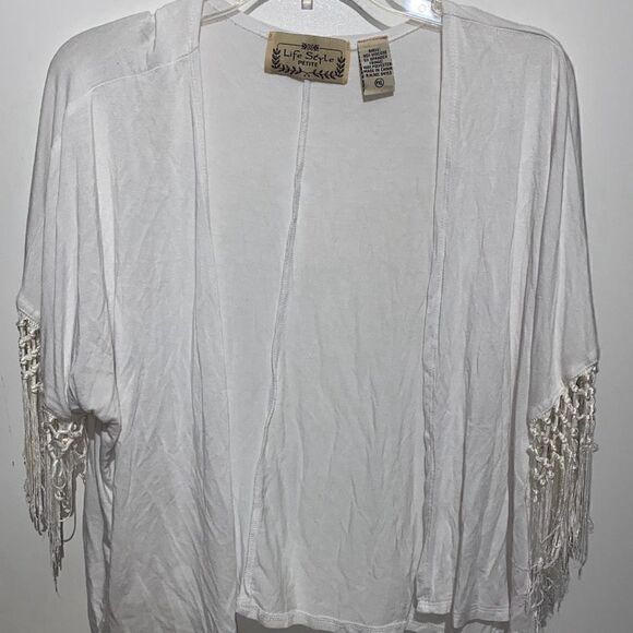 Life Style Women's Knotted Fringe String Open Front Beach White Cardigan Size PS - Picture 1 of 8
